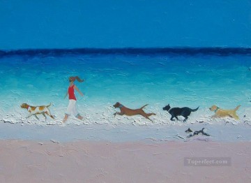 chica con perros corriendo en la playa Pinturas al óleo